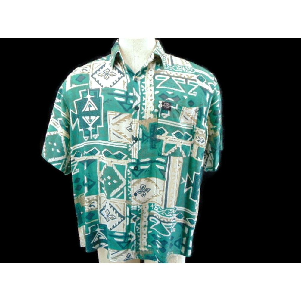 Vintage Hang Ten Green Geometric Print Hawaiian Shirt XL Rayon Viscose Pocket